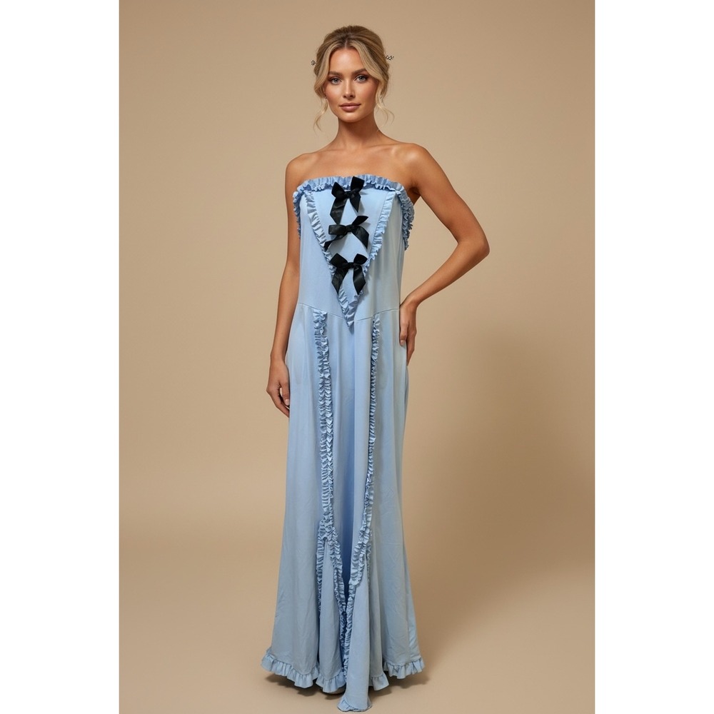 NEW Baby Blue Strapless Size XL Ruffle Bow Maxi Dress Coquette Formal